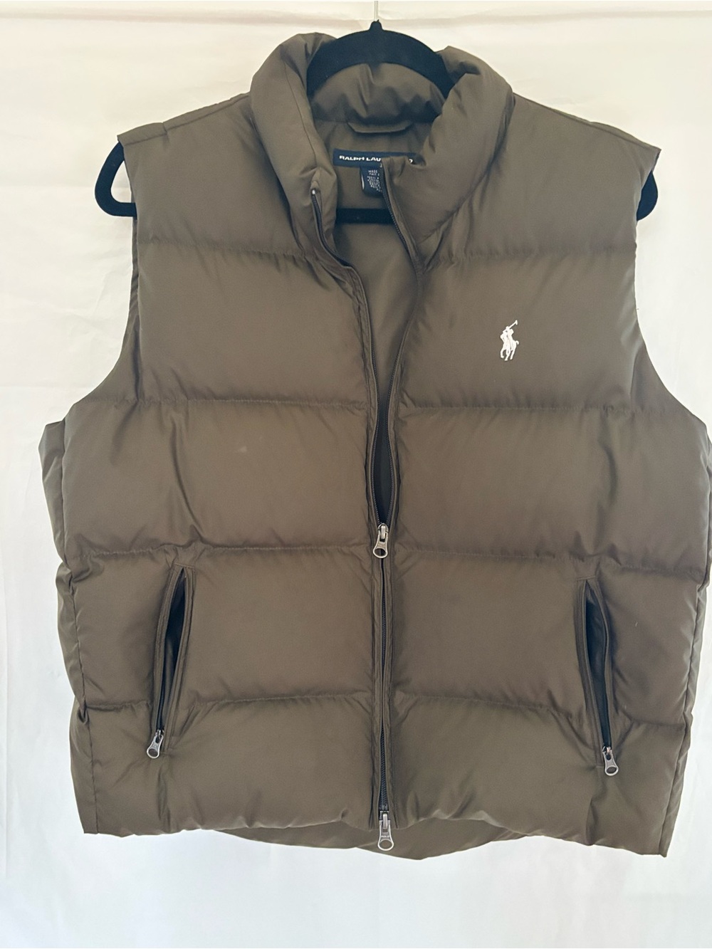 Ralph Lauren Olive Green Quilted Down Vest with White Polo Pony